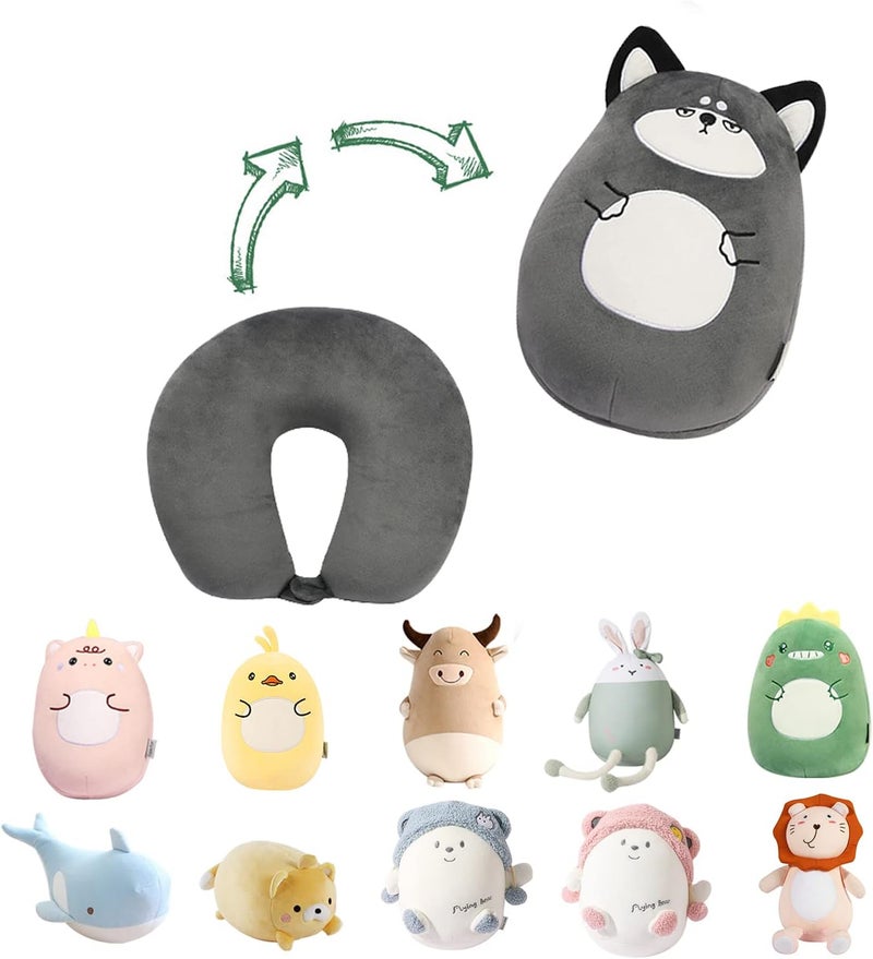stocaggio Kids Travel Pillow - 2-in-1 Deformable Kids Neck Pillow for Traveling, Soft U-Shaped Pillow with Adorable Animal Design, Comfy Sleep and Play, Ideal for Airplanes and Cars - Gray Husky - Image 1